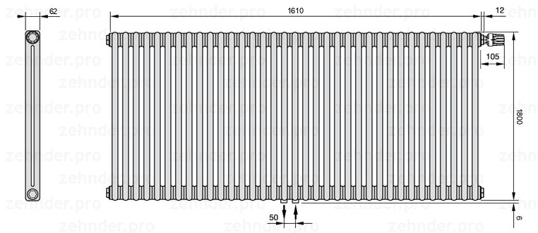 Схема (чертеж) Радиатор Zehnder Charleston 2180/35 №V008 Белый глянцевый RAL 9016